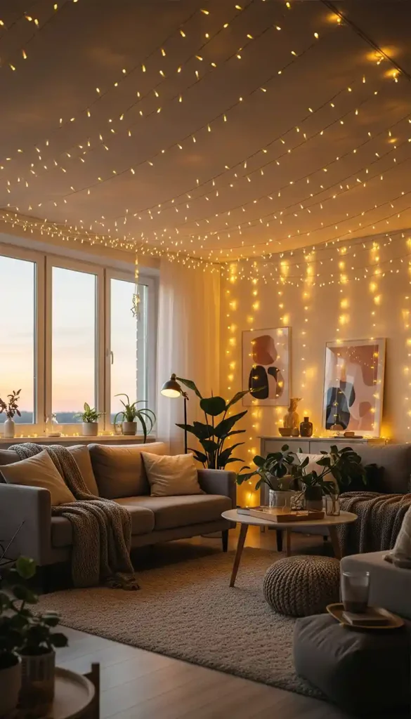 Warm String Lighting for Cozy Living Rooms