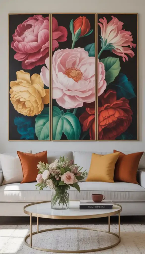 Large-Scale Floral Art in Living Room Decor