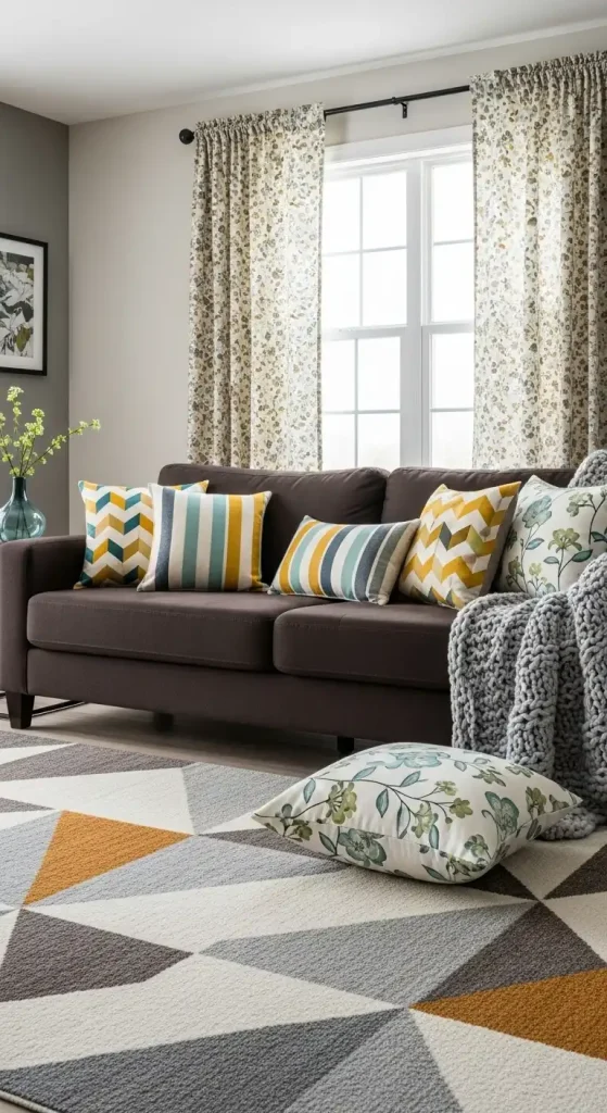 Dark Brown Couch Living Room Ideas Play with Patterns