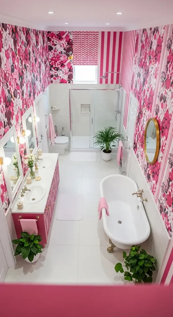 Pink Bathroom with Custom Wallpaper