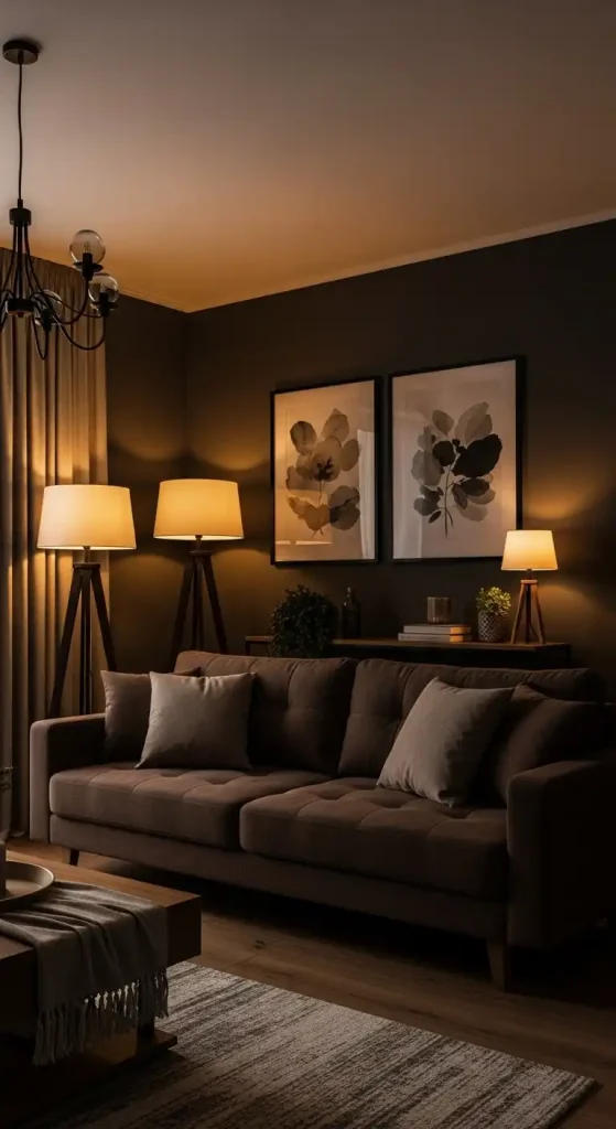 Dark Brown Couch Living Room Ideas Lighting That Compliments