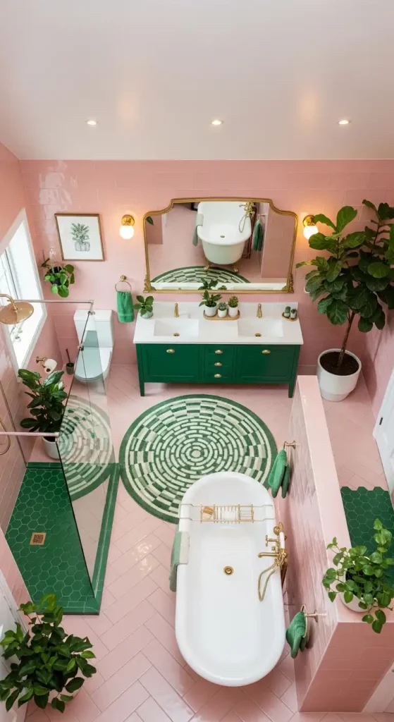 Pink Bathroom with a Pop of Green
