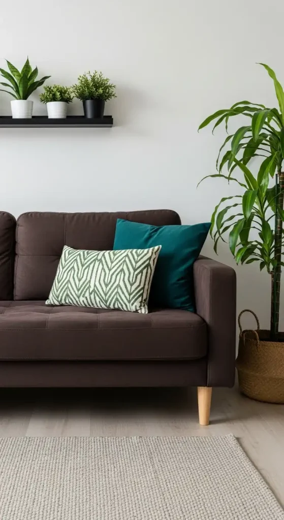 Dark Brown Couch Touch of Greenery