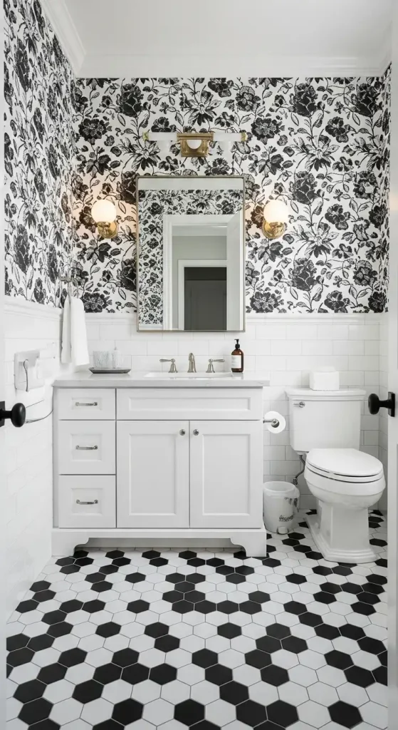 A Small Black and White Bathroom with a Black and White Hexagon Floor
