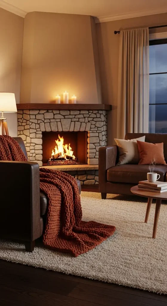 Cozy Fireplace dark brown sofa