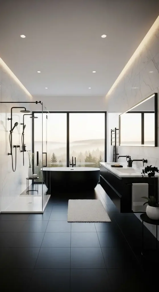 A Modern Black and White Bathroom with Black Fixtures