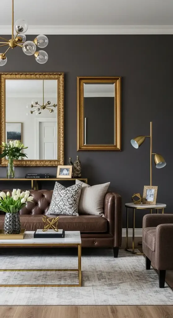 Dark Brown Couch Living Room Ideas Incorporate Metallic Accents