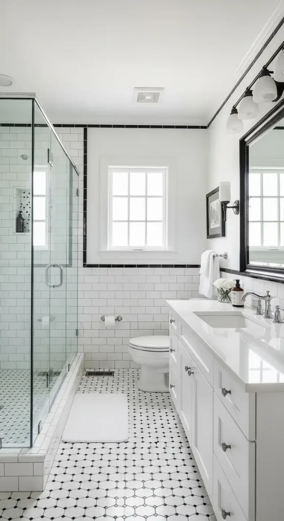 All-White Bathroom with Black Accents