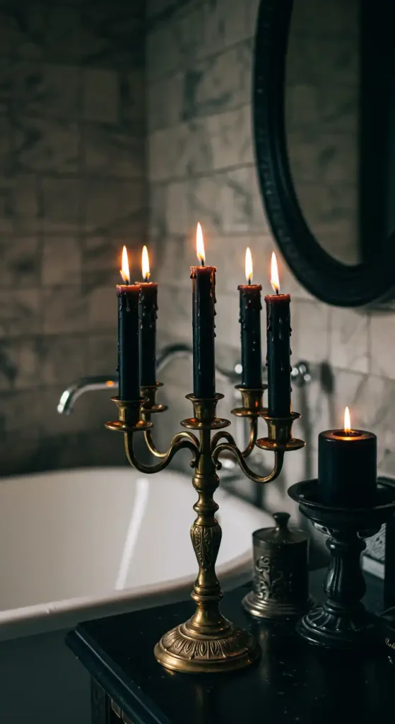 Use Black Candles and Antique Holders in witchy Bathroom