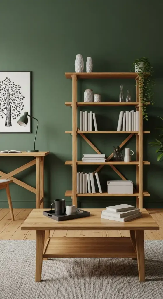  Green living room with natural wood accents