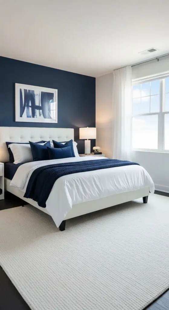 Modern Bedroom with a Clean Navy and White