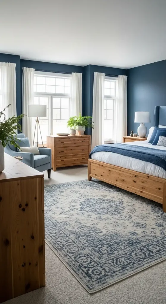 Mix Blue Bedroom with Natural Wood Tones