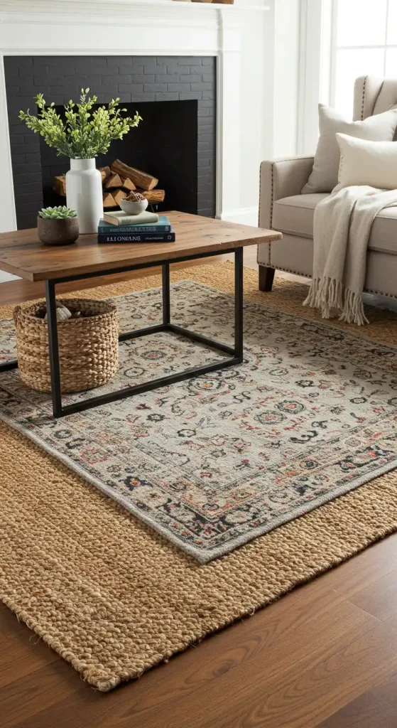 farmhouse living room Layered Rugs