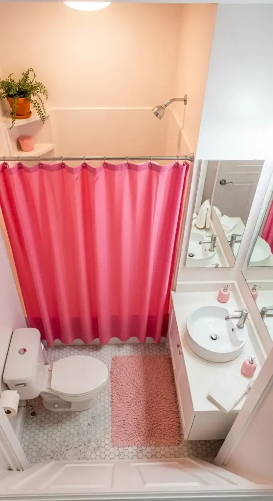 Small Bathroom with a Pink Shower Curtain
