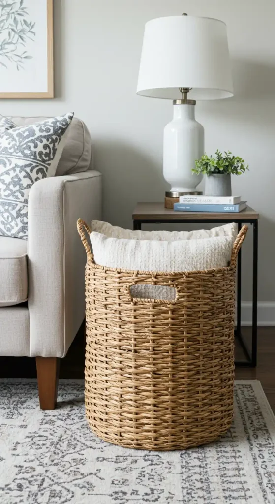 farmhouse living room large woven basket