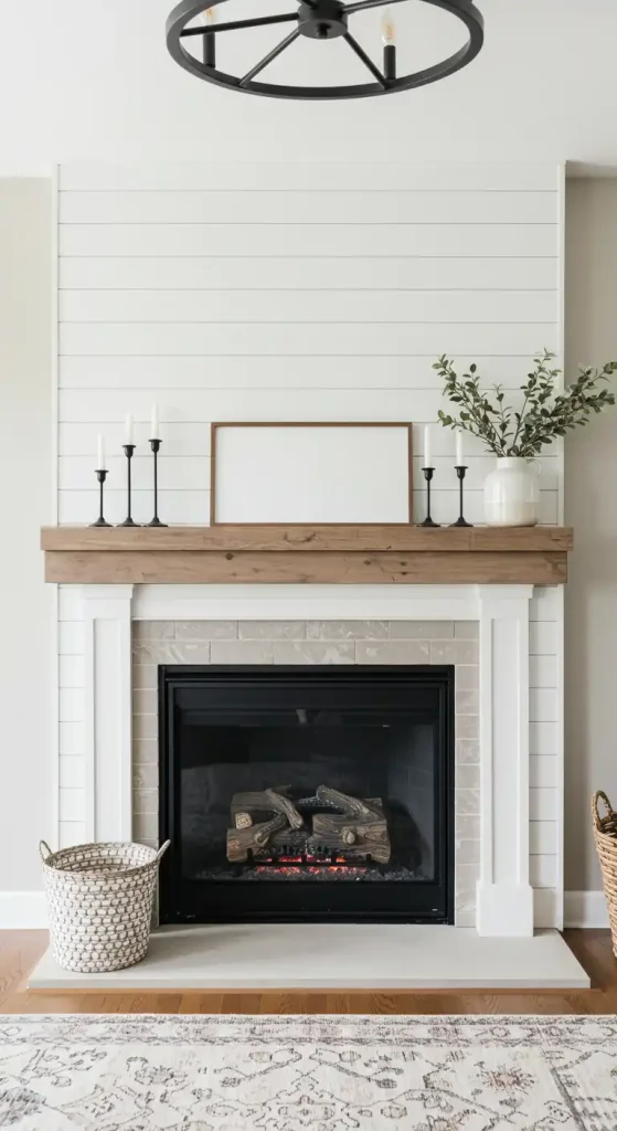  Modern Fireplace with a Shiplap Mantel in farmhouse living room