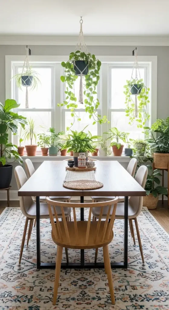 plants in boho dining room