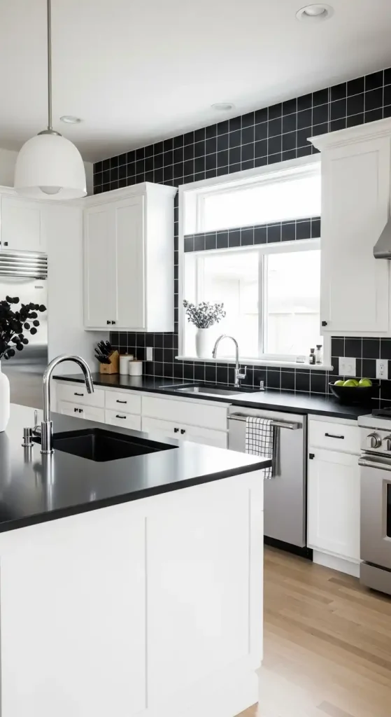Black Backsplash with White Grout