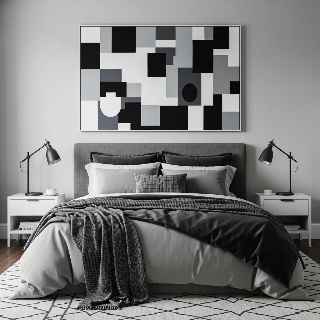 Black and Grey Bedroom with Graphic Art