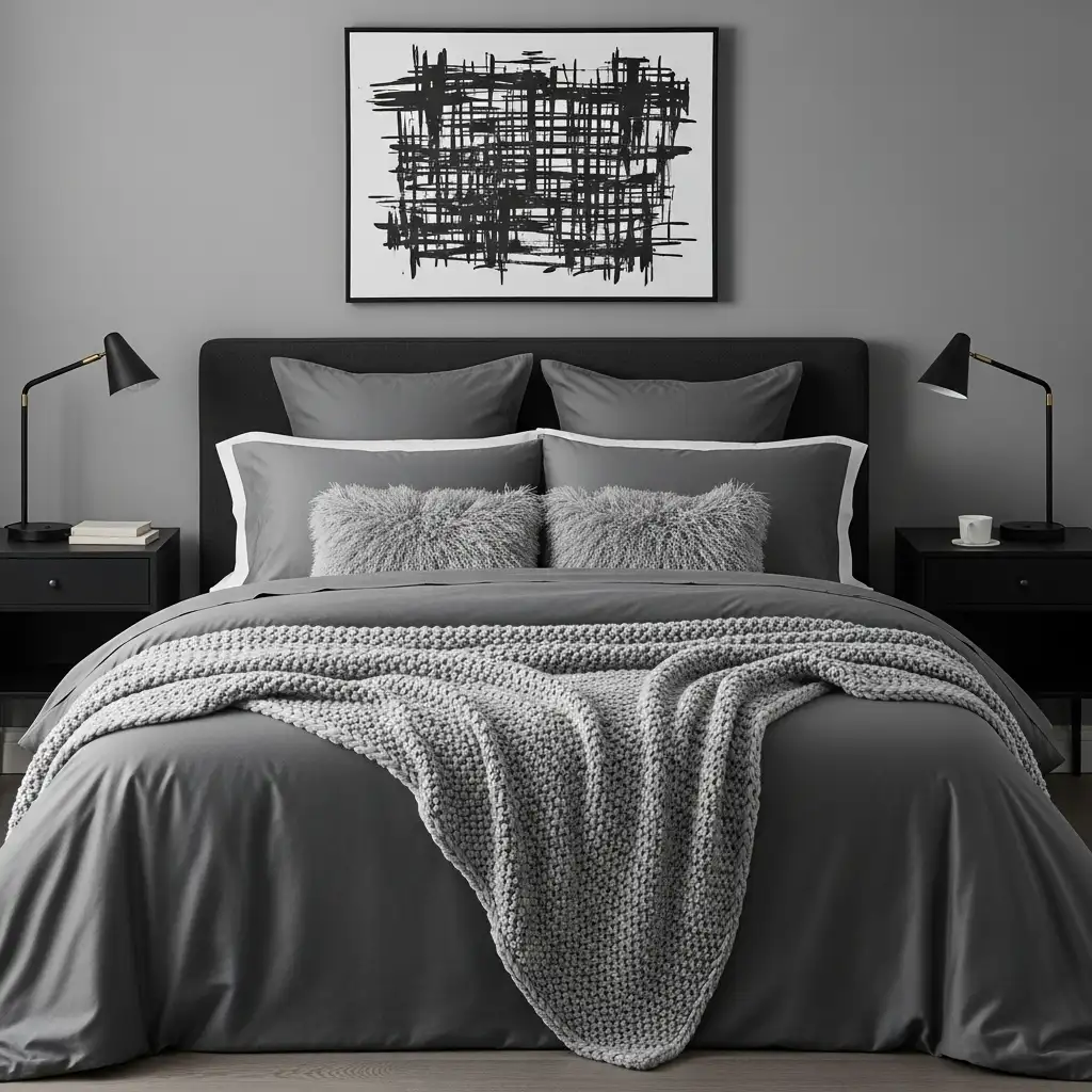 Black and Grey Bedroom with Layered Bedding