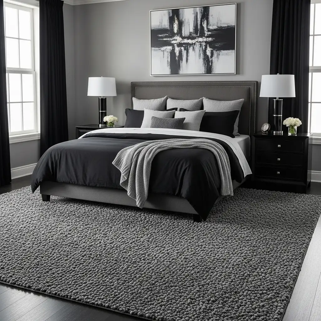 Black and Grey Bedroom with Textured Area Rug