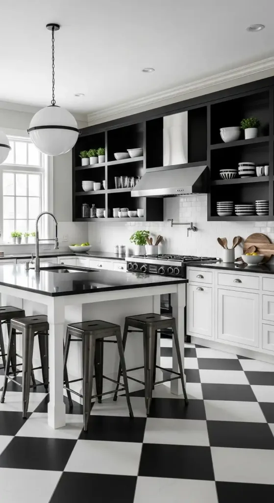 Black and White Kitchen with Open Shelving