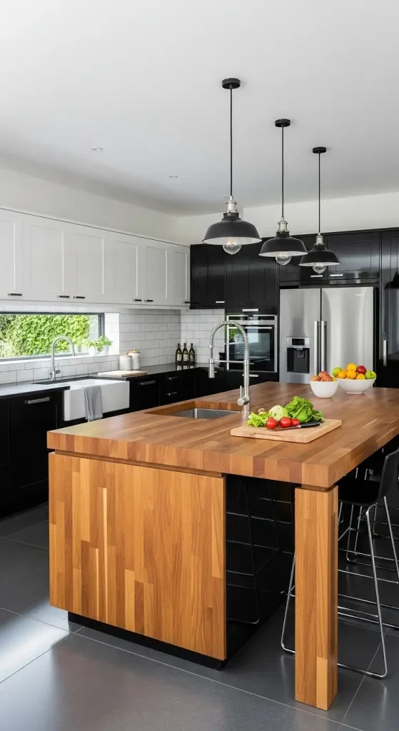 Black and White Kitchen with a Butcher Block Island