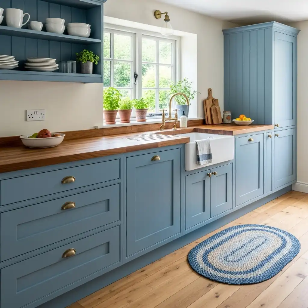 Blue Cabinets with Butcher Block