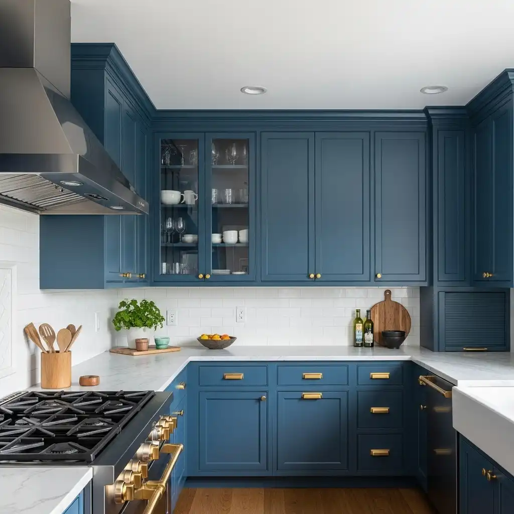 Blue Cabinets with Gold Hardware