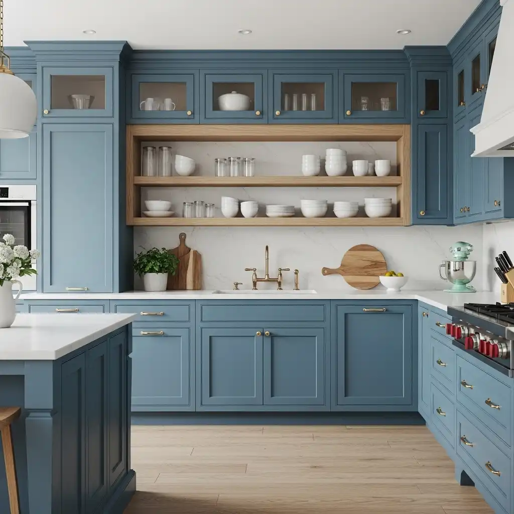 Blue Cabinets with Open Shelving