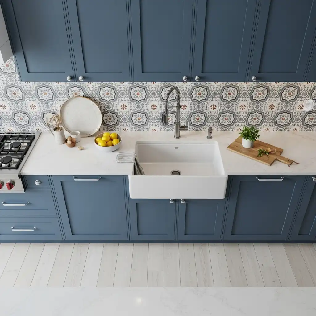 Blue Cabinets with Patterned Tile