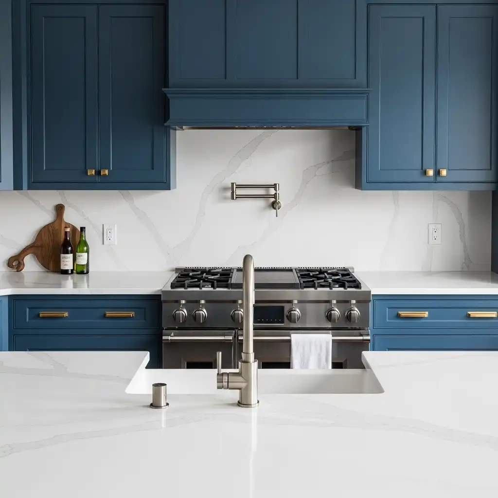 Blue Cabinets with White Quartz