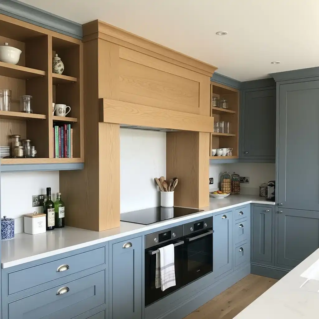 Blue Kitchen Cabinets Ideas Mixing with Natural Wood
