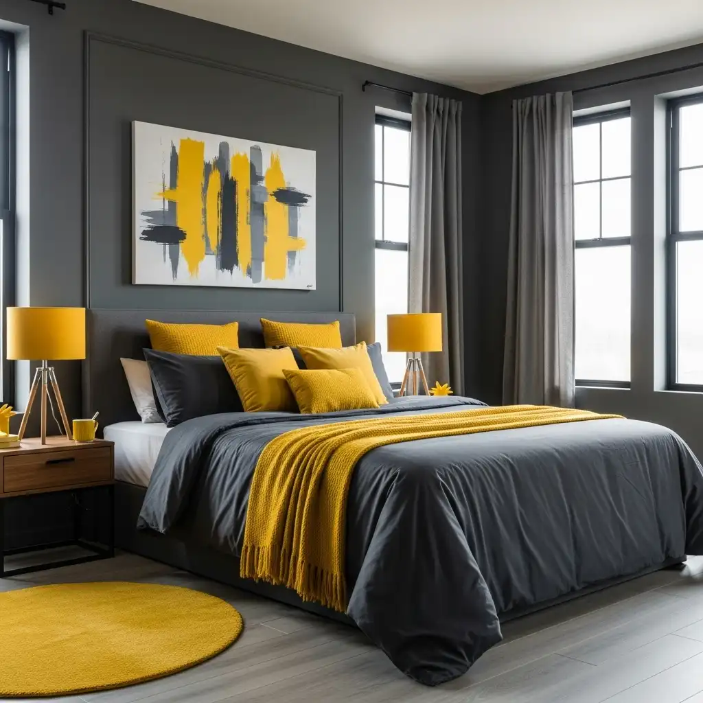 Charcoal and Mustard Yellow Bedroom