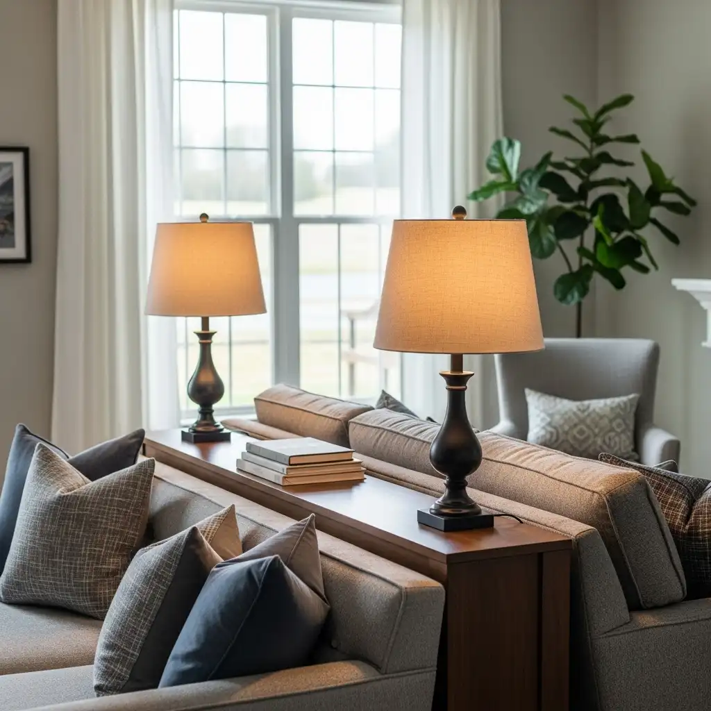 Console Table Behind Couch ideas Symmetrical Lamps