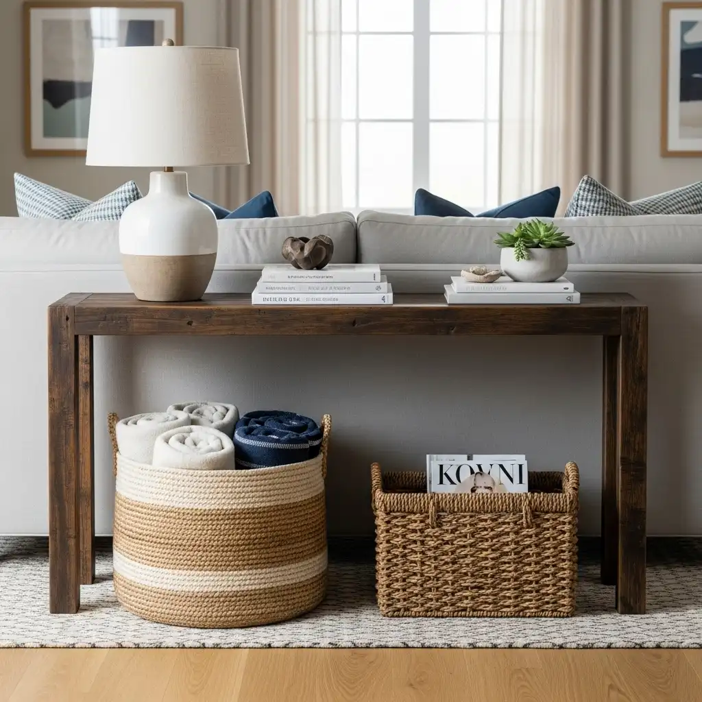 Console Table Behind Couch ideas Woven Baskets