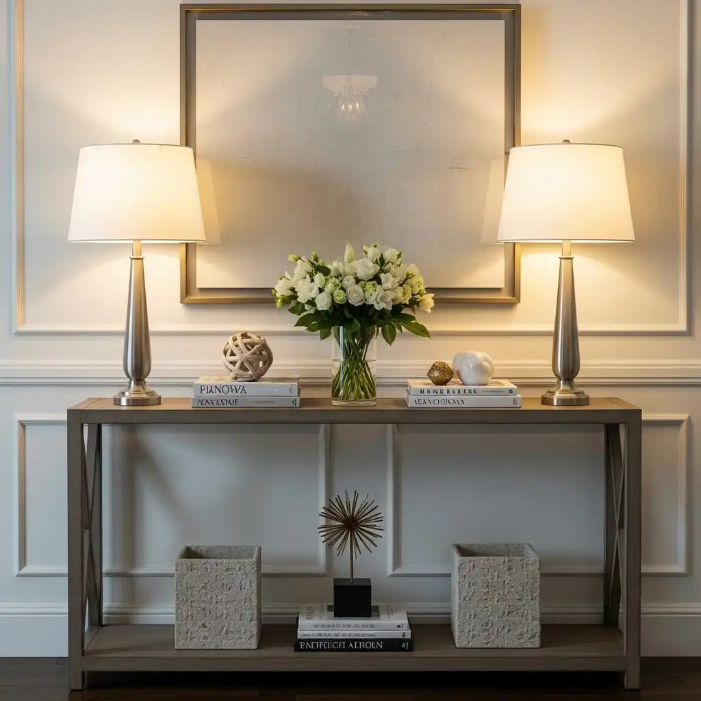 Console Table Decor Symmetrical Lamps