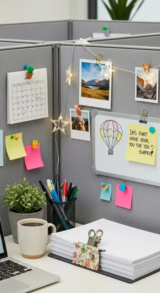Cubicle Decor with Decorative Push Pins and Clips