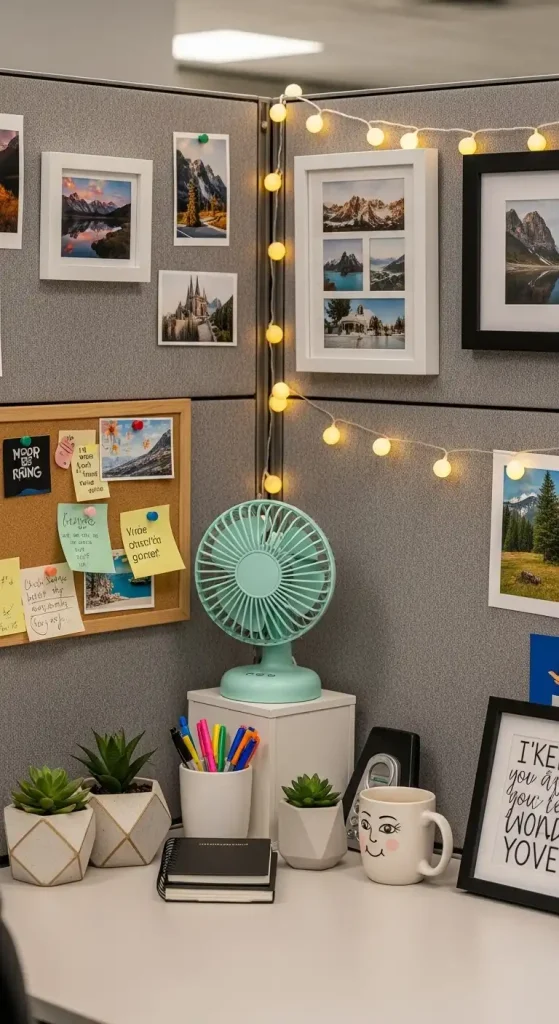Cubicle Decor with a Small Fan