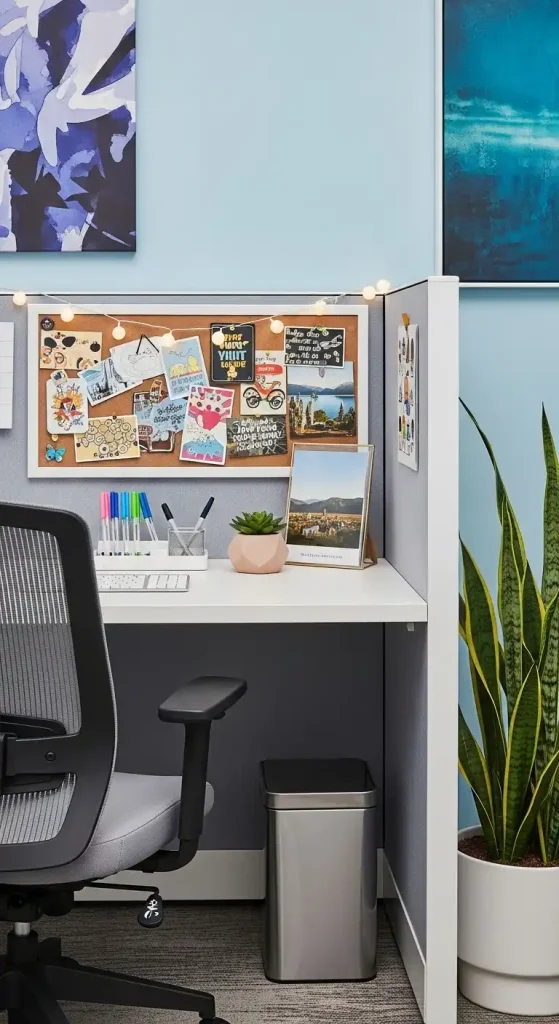Cubicle Decor with a Small Trash Can