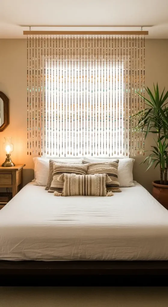 Cozy bedroom with decorative curtain.