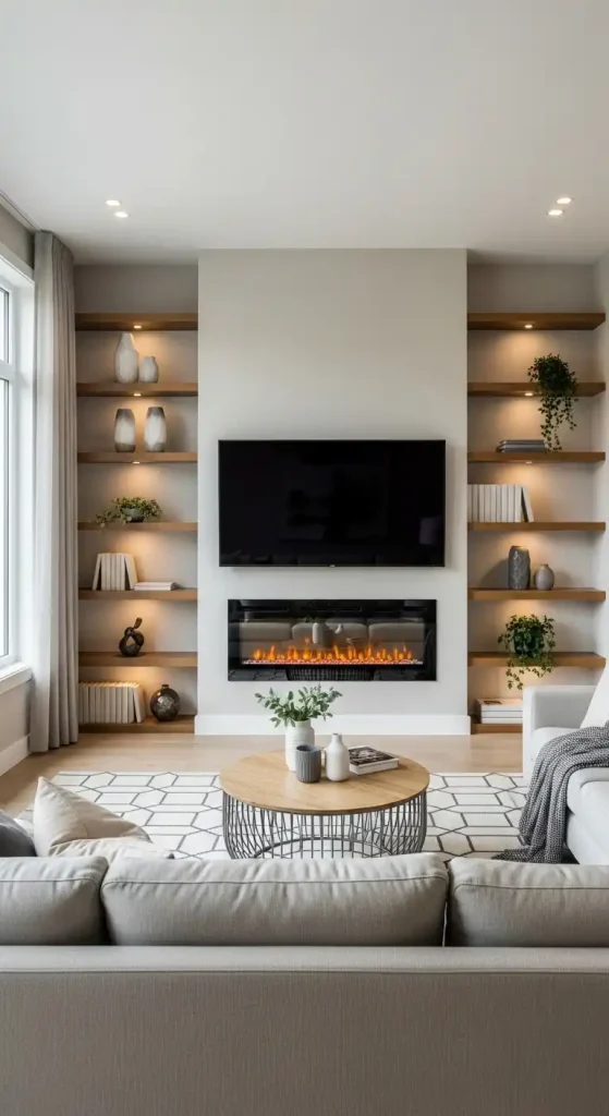 Electric Fireplace with Built-In Shelving