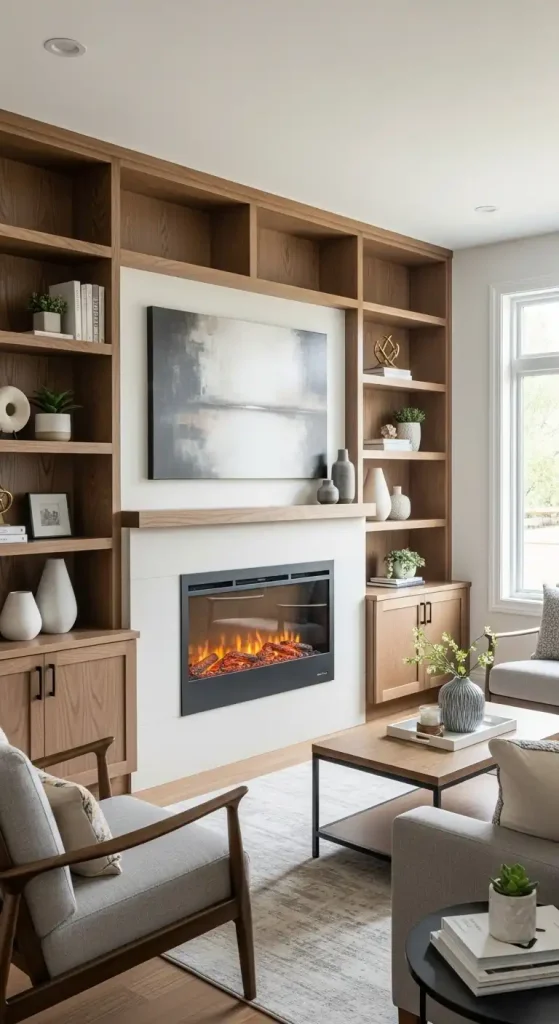 Electric Fireplace with Custom Shelving