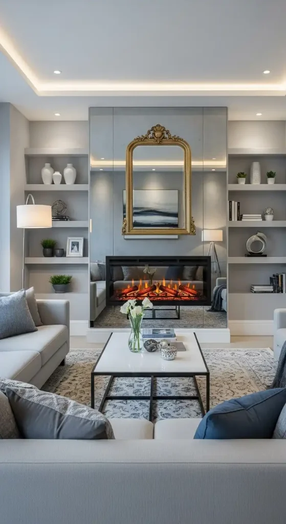 Electric Fireplace with a Mirror Surround