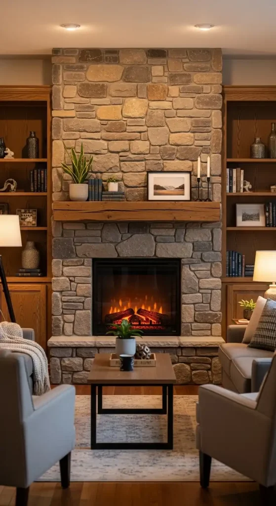 Electric Fireplace with a Stone Surround