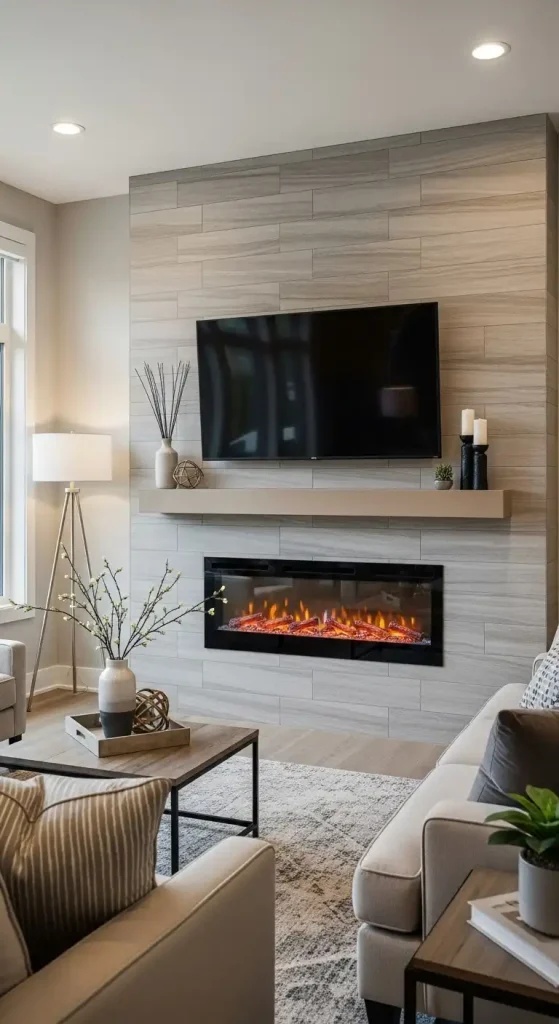 Electric Fireplace with a Tile Surround