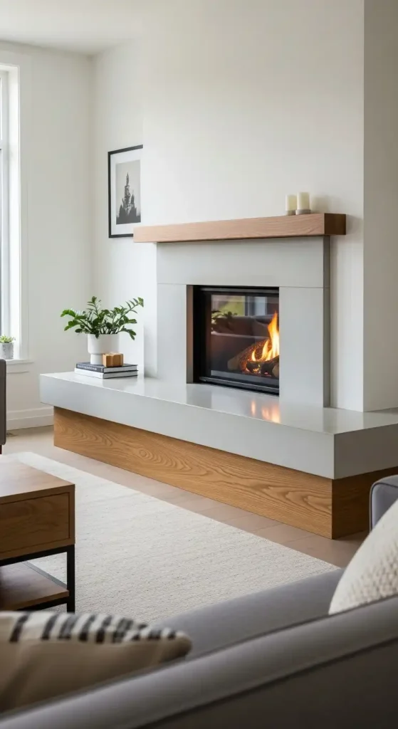 Fireplace Hearth Concrete with a Wooden Edge