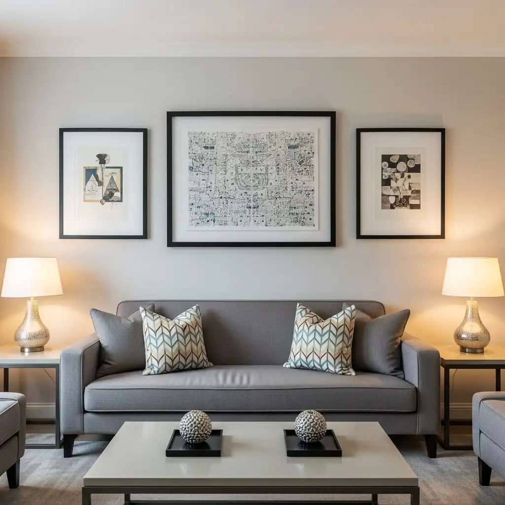 Grey Couch Living Room Ideas Symmetrical Decor