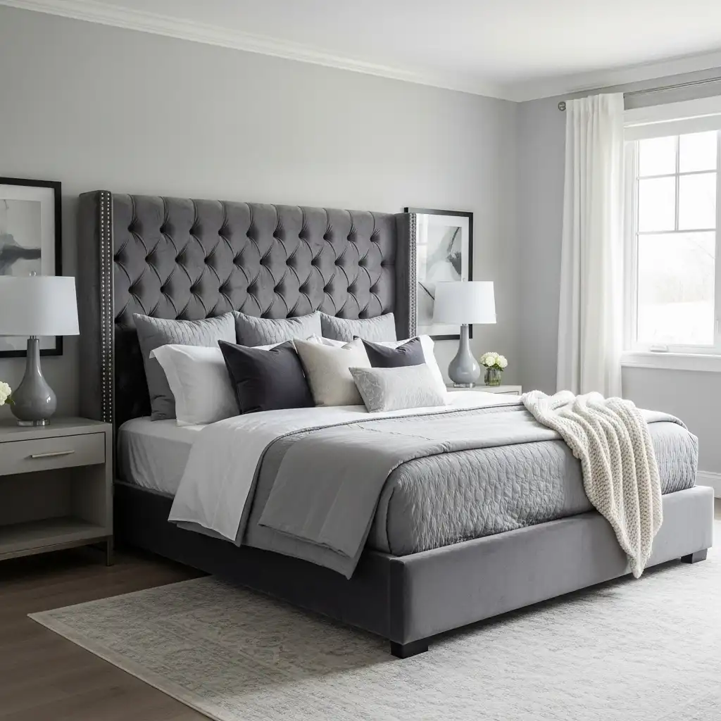 Grey bedroom Plush Headboard