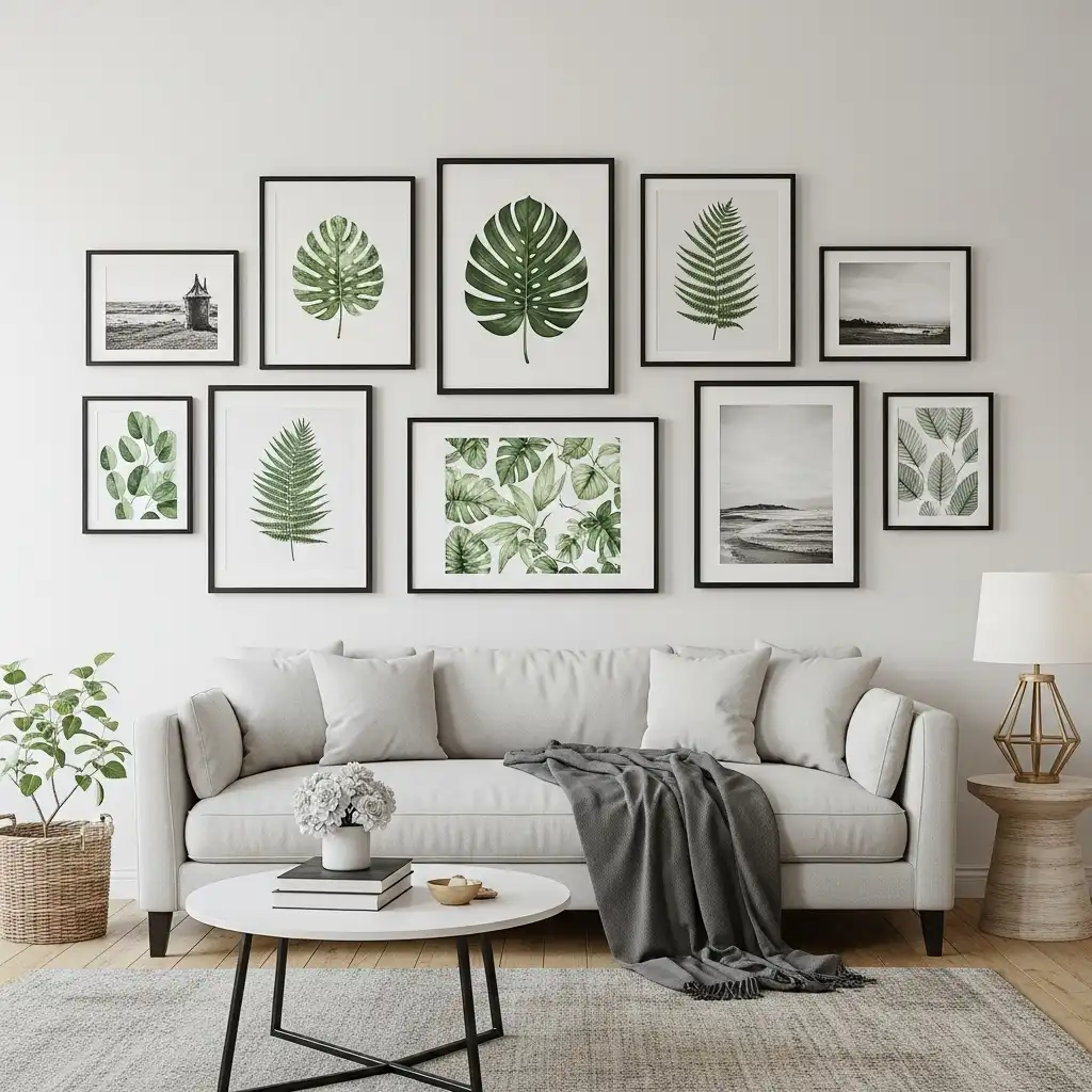 Framed botanical prints above a sofa